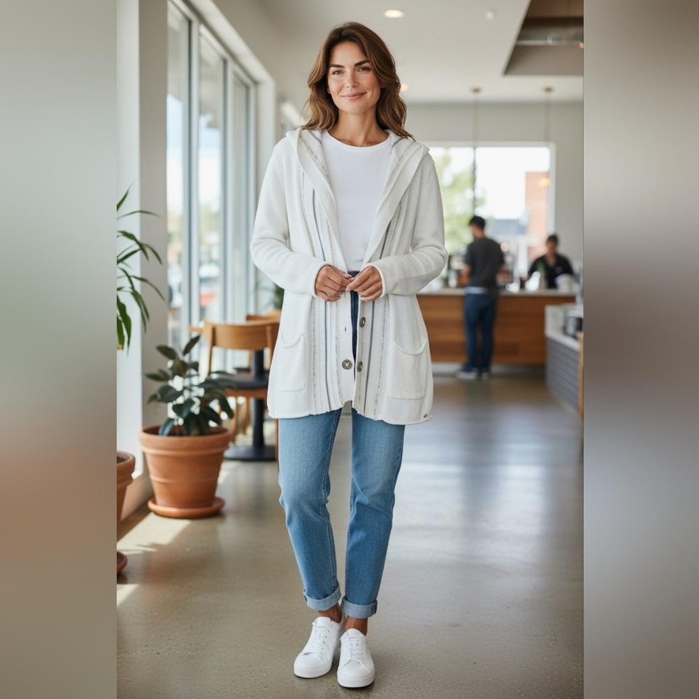 Pur White Striped Button-Up Cardigan